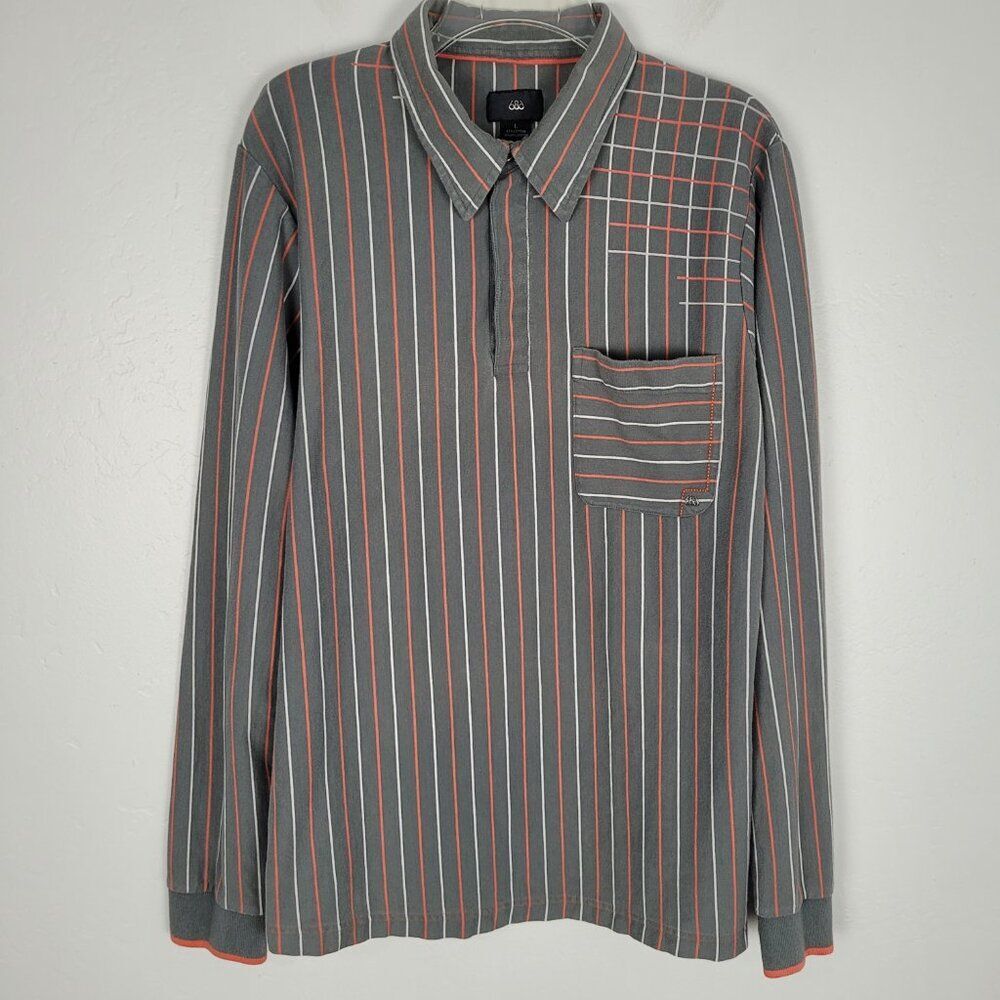 686 Size L Polo Shirt Long Sleeve Striped Gray Orange White